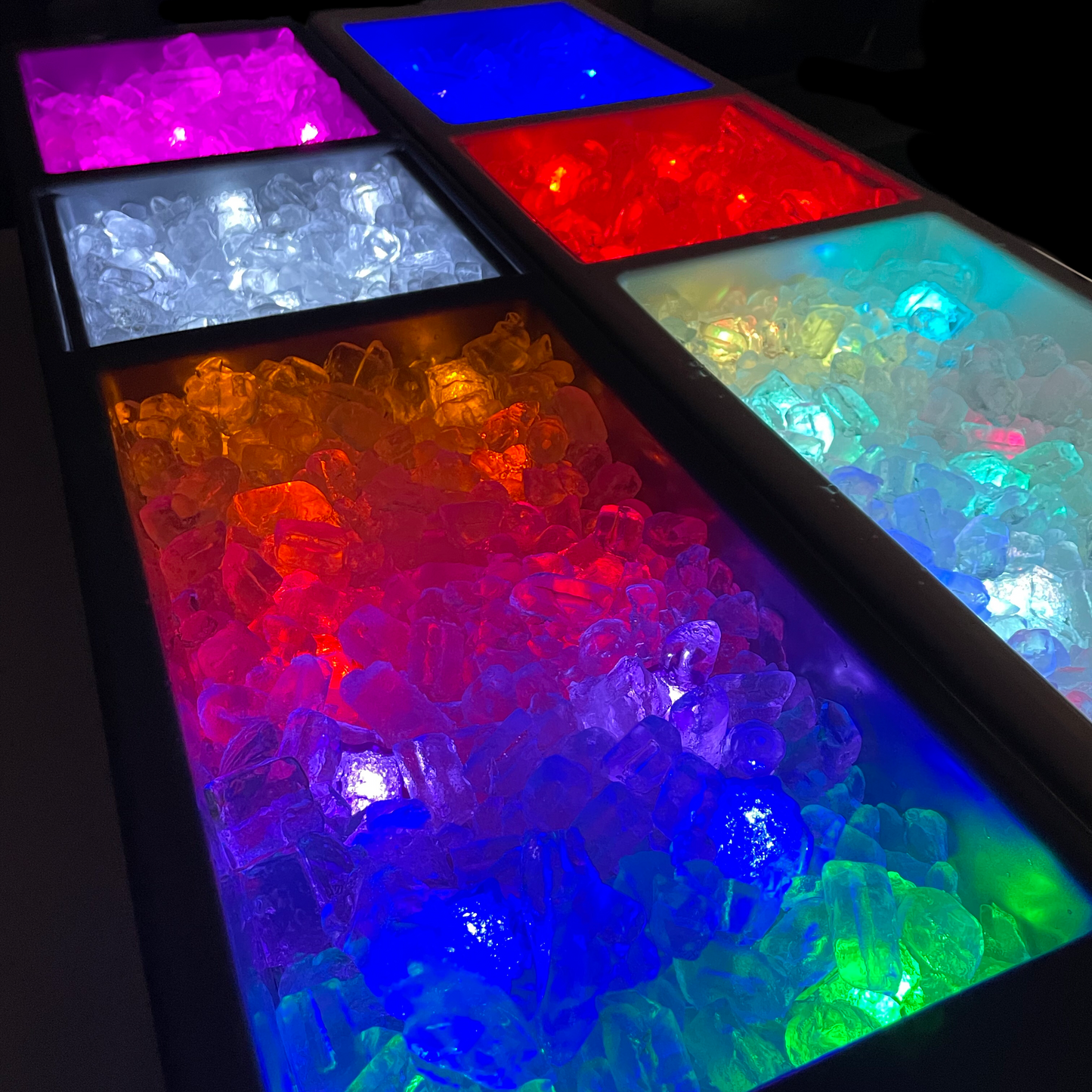 Multi Color LED ice cubes with push button on/off have 8 modes. Steady on colors are blue, red, green, pink, aqua, lemon lime, confetti. and a random blink mode that cycles through all colors. Push button cubes are the best in the market and work in ice as well as in liquids. Cubes are sealed safe for use in drinks. Batteries are not replaceable for that safety. Life of batteries can vary between 20-30 hours. Packed 12 per box.