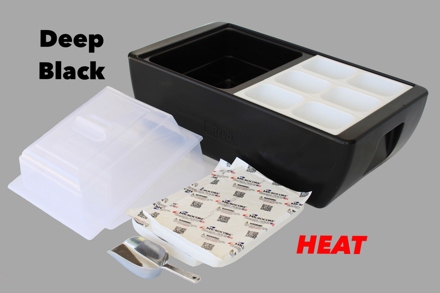 REVO insulated flameless chafer and beverage tub for food tray warming and chilled beverage displays.