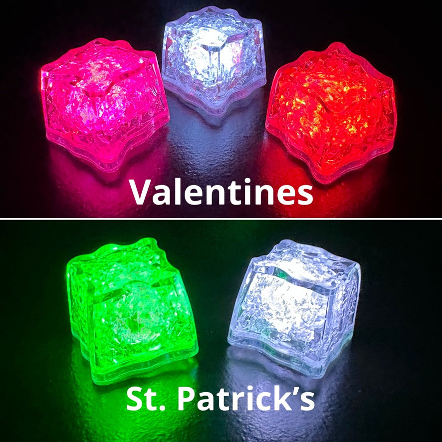 White LED Light up ice cubes with Push Button on/off. Push Button cubes last longer and work in ice, unlike cubes with moisture sensors (which only work when submerged in liquid). When on, the bright color operates in 3 modes: slow flash, fast flash, and steady on. When off, cubes are clear. FDA approved clear acrylic shell is sealed with freezable gel inside and is submersible safe in beverages. They are fun LED party lights