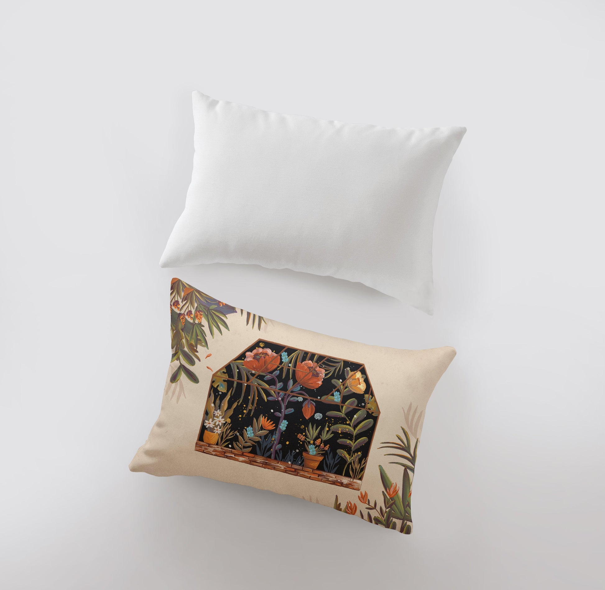 a pillow and a pillow case with a painting on it