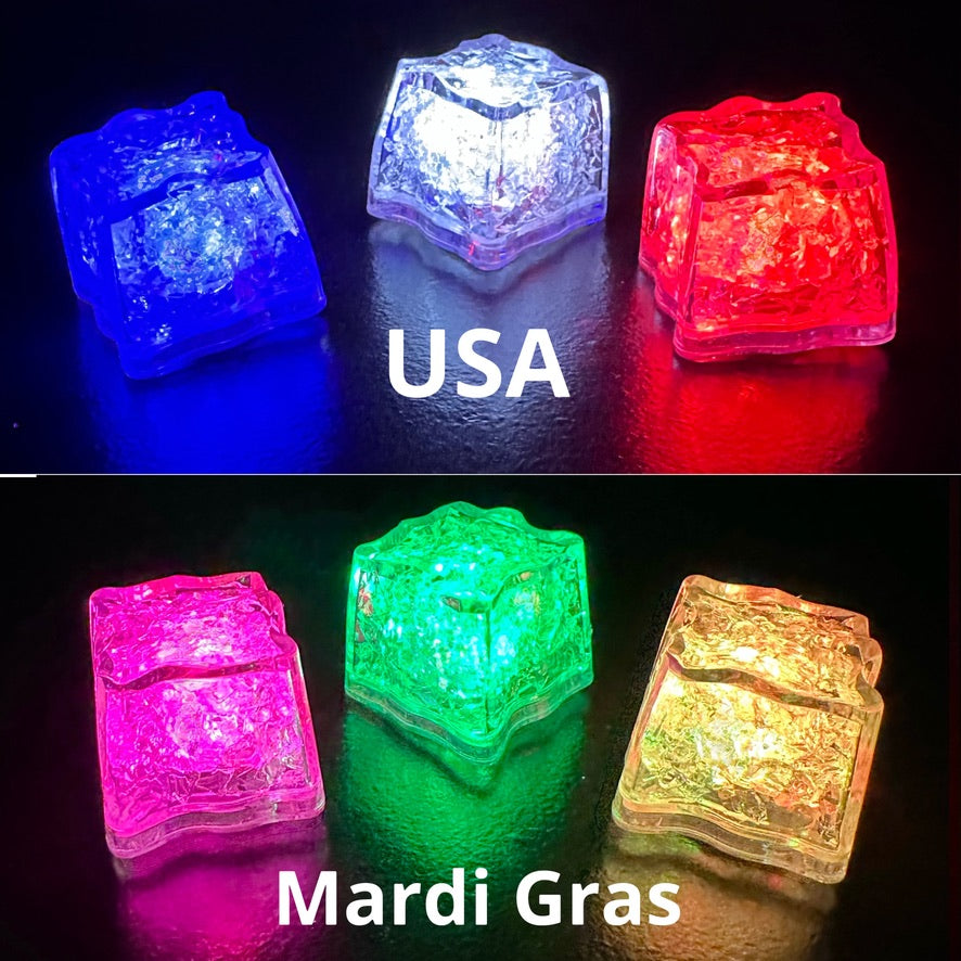 White LED Light up ice cubes with Push Button on/off. Push Button cubes last longer and work in ice, unlike cubes with moisture sensors (which only work when submerged in liquid). When on, the bright color operates in 3 modes: slow flash, fast flash, and steady on. When off, cubes are clear. FDA approved clear acrylic shell is sealed with freezable gel inside and is submersible safe in beverages. They are fun LED party lights